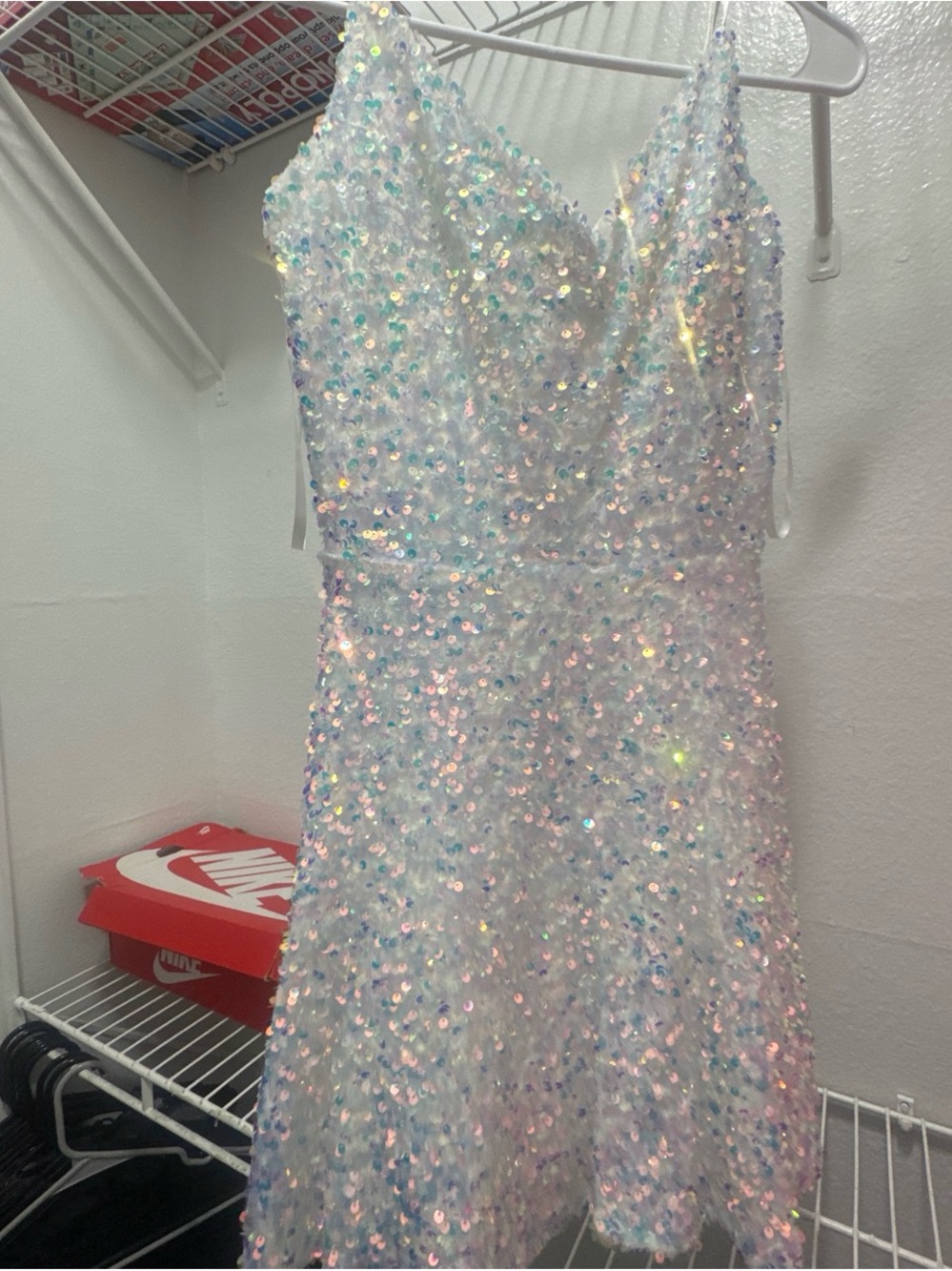 Iridescent White Sequin Spaghetti-Strap Kids Dress